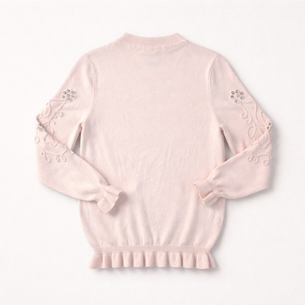 Nanette Lepore Pink Floral Embroidered Rhinestone Ruffle Sweater‎ Small Coquette - Picture 2 of 6